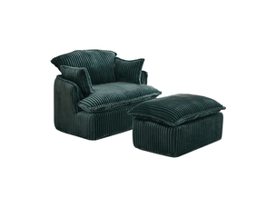Fauteuil avec pouf vert en velours côtelé, compressé, 115 x 89 x 77 cm
