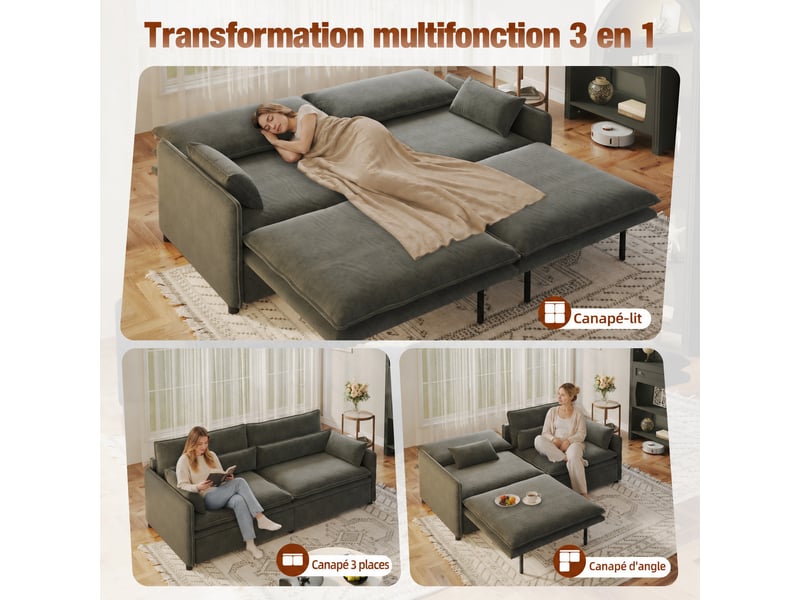  Canapé convertible 3 places 206 x 91 x 86 cm en chenille, 3-en-1 avec coffre, dossier réglable et coussins mobiles, gris foncé  - Conforama D