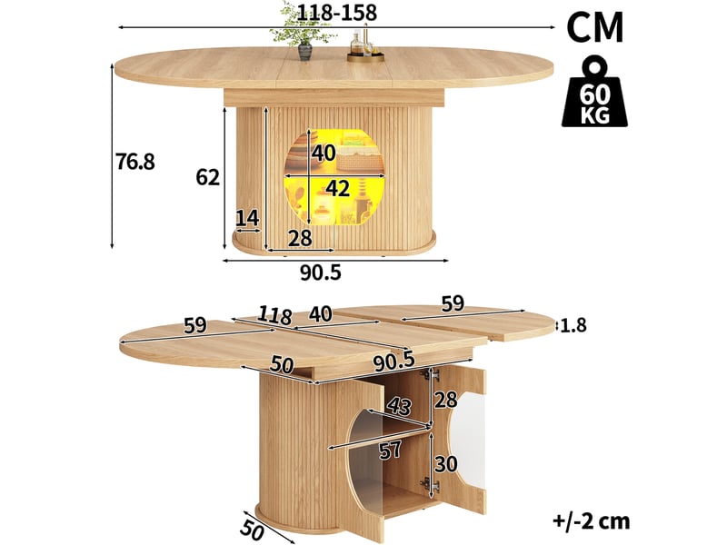  Table à manger extensible ovale 118–158 x 118 x 76,8 cm, 4 à 6 personnes, rangement intégré, led avec appli, portes push-to-open, finition naturelle  - Conforama D