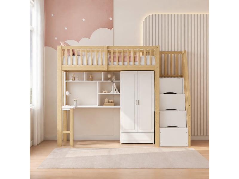 Lit mezzanine 200×90 cm avec armoire, bureau, étagère et escalier à tiroirs, blanc et bois naturel - Conforama C