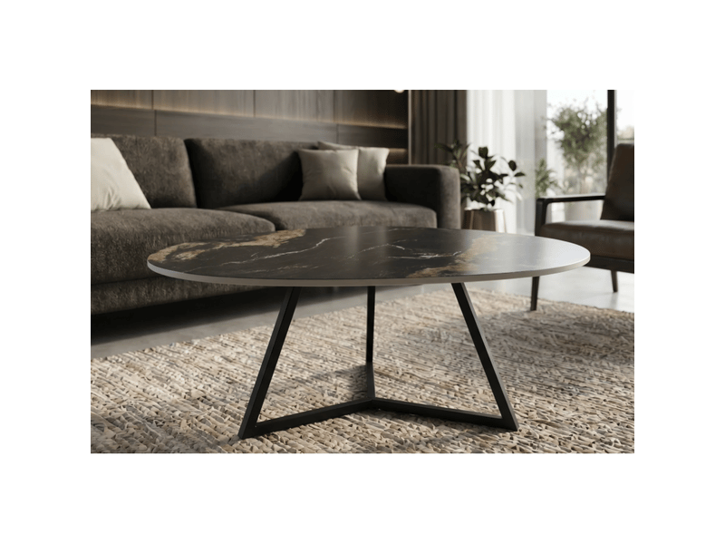  Table basse petrano 90 cm en céramique noire effet marbre sable et métal noir – forme organique  - Conforama B