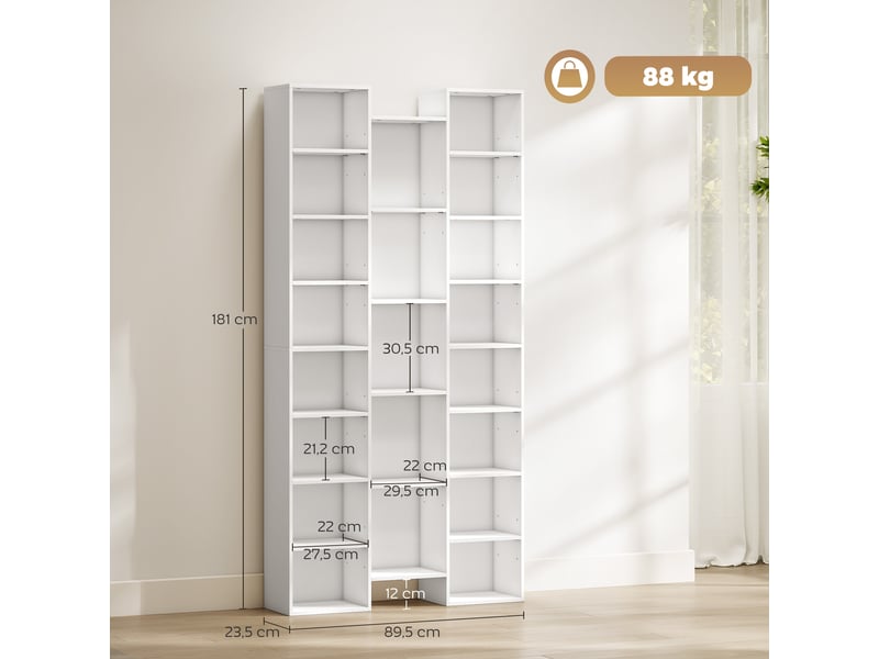  Bibliothèque, étagère à livres, étagère de rangement, 21 compartiments et 10 étagères réglables, 89,5x23,5x181cm, blanc  - Conforama E