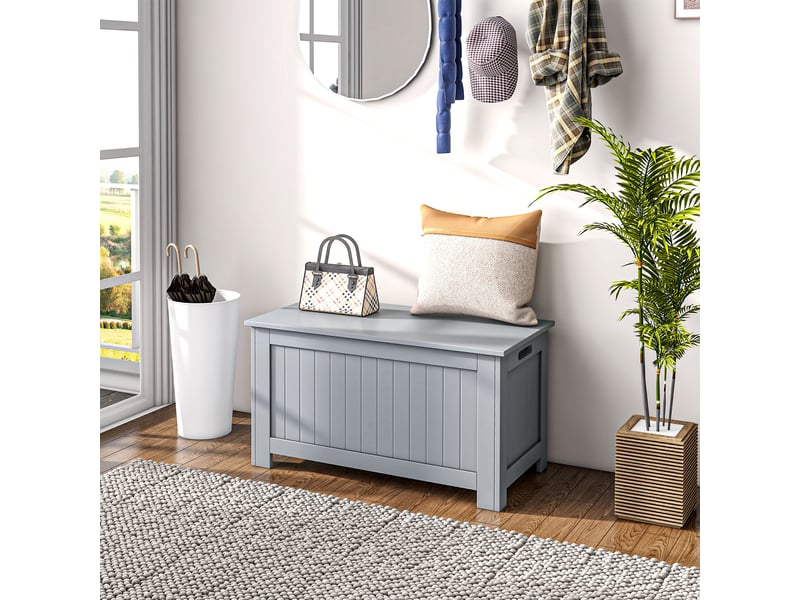  Coffre de rangement avec charnières de sécurité boîte de rangement en bois coffre à jouets couvercle gris rabattable  - Conforama W