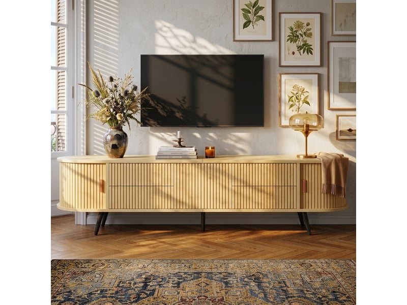 Meuble tv 180 cm pour écran jusqu’à 80 pouces, 4 tiroirs, porte à rideau, façades rainurées, forme ovale, coins arrondis, mdf effet bois naturel - Conforama B