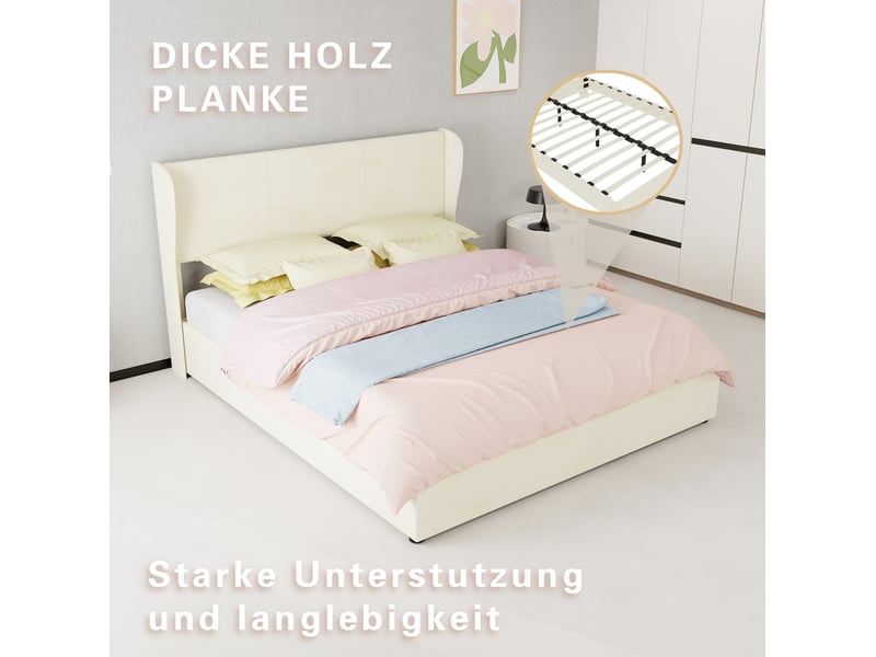  Lit coffre 2 places 160x200 cm avec tête de lit coloris beige  - Conforama E
