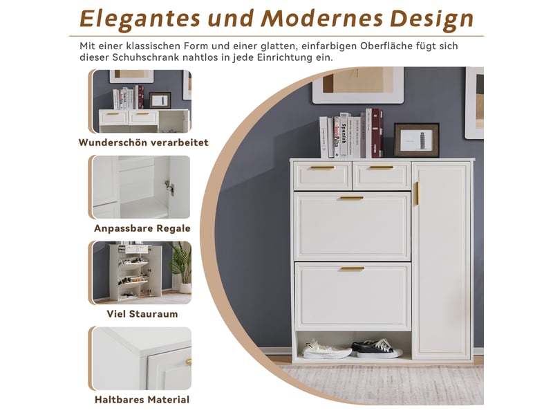 Meuble à chaussures 95x24x107 cm, capacité 15 paires, deux tiroirs et étagères modulables blanc - Conforama D