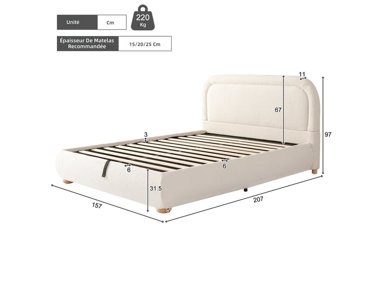  Lit double capitonné 140x190 cm beige en tissu bouclé avec sommier à lattes et rangement hydraulique  - Conforama C