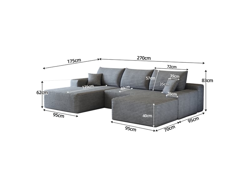 Canapé d'angle modulaire 270cm - canapé en l avec méridienne gauche, velours côtelé, sans montage - gris ( - Conforama E