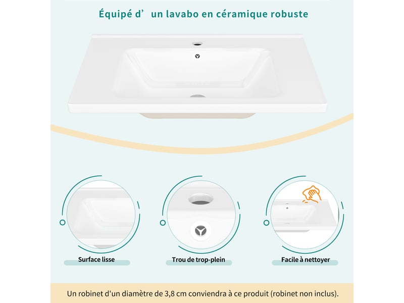  Meuble sous vasque suspendu avec rangement 3 tiroirs et placard - lpospi - céramique mdf métal blanc 78,5 × 46 × 46,8 cm  - Conforama E