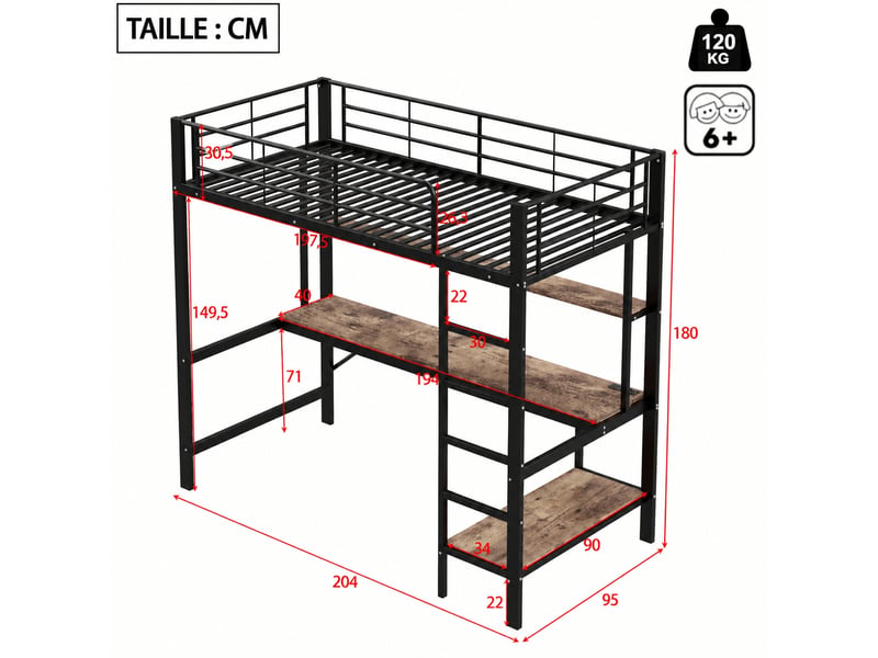  Lit mezzanine 90 x 200 avec bureau, métal noir et mdf, étagères, éclairage led, prise électrique et usb  - Conforama D