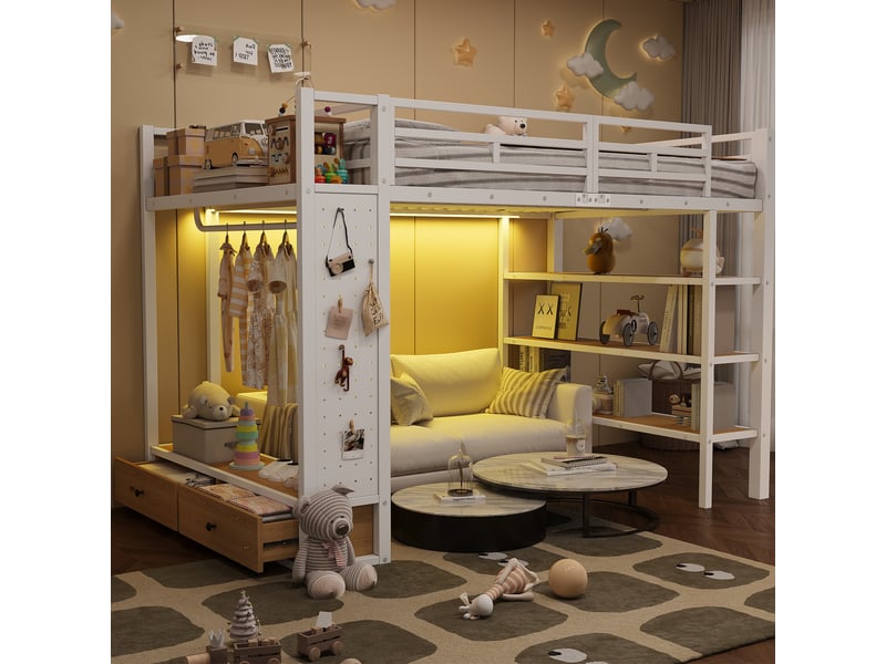  Lit mezzanine moderne 140x200 cm, rangement, penderie ouverte, en mdf, métal, lit enfant éclairage led, coloris blanc, sans matelas  - Conforama E