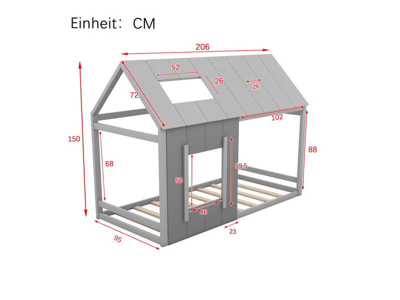 Lit cabane enfant 90x200cm - design maison toit fenêtre gris - lit enfant - pin massif sommier lattes inclus, barrières de sécurité  - Conforama C