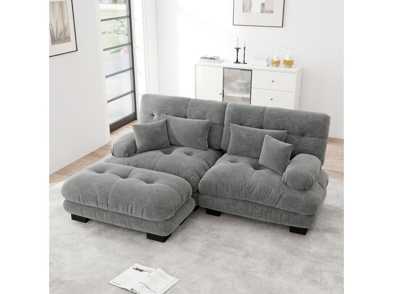  Canapé modulaire d'angle en chenille avec ottoman, coussins lombaires et dossier profond, gris  - Conforama B
