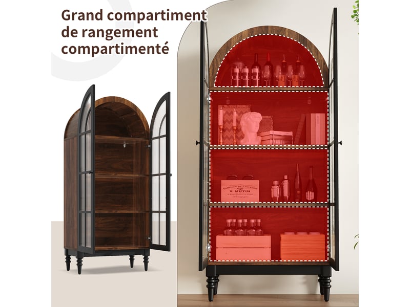  Lot de 2 vitrines cintrées, coloris noir, 152 × 35,5 × 165 cm, mdf, métal et verre, portes doubles en verre cannelé  - Conforama C