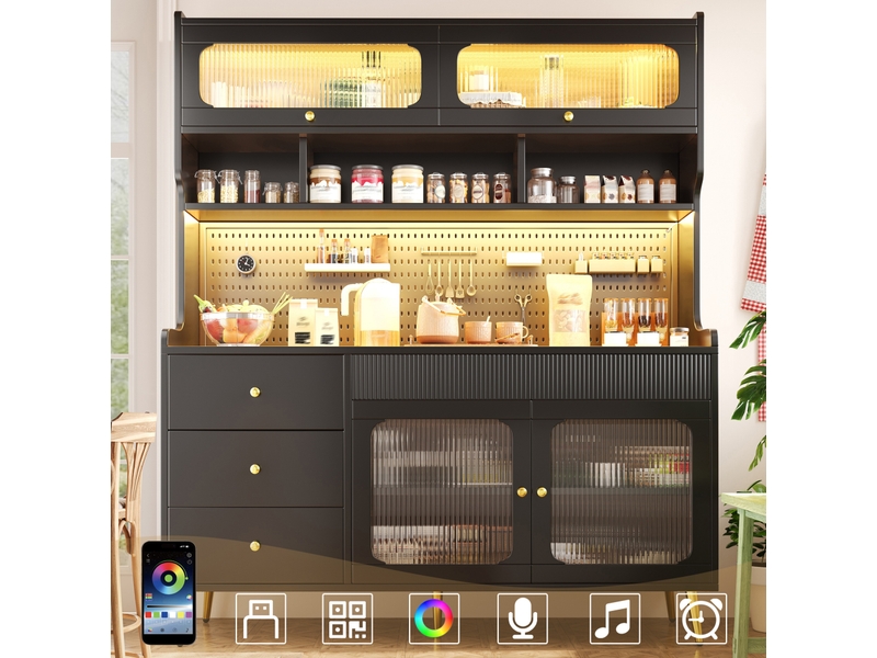  Buffet haut 4 portes vitrées, 3 tiroirs, led et panneau perforé pour cuisine ou salon, noir 145 × 39 × 171 cm  - Conforama D