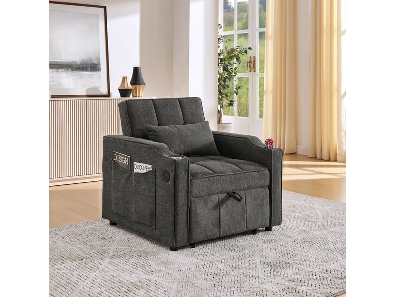  Fauteuil convertible 1 place gris foncé en tissu, couchage 190 cm, usb-c et dossier réglable 3 positions  - Conforama B