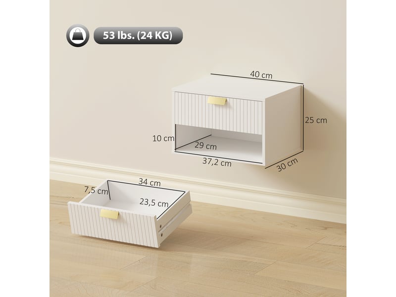  Ensemble de 2 tables de chevet suspendues avec tiroir, façade ondulée et étagère ouverte, design moderne, 40 x 30 x 25 cm, blanc  - Conforama E