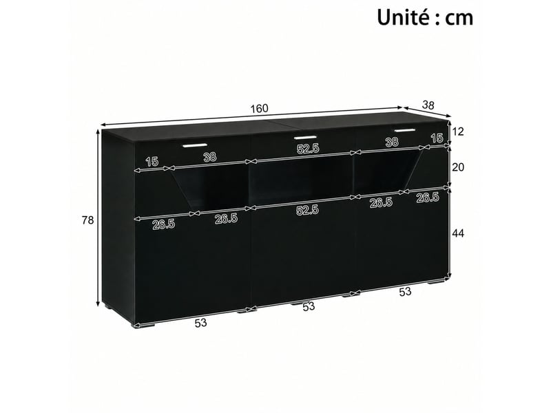 Buffet 3 portes avec led pilotée par application et vitrine en verre pour salon 160×38×78 cm noir - Conforama E