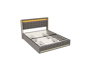 Dreammespace lit double queen size 160x200 cm avec 4 tiroirs et prises usb type-c cadre led sommier à lattes tissu lin gris foncé