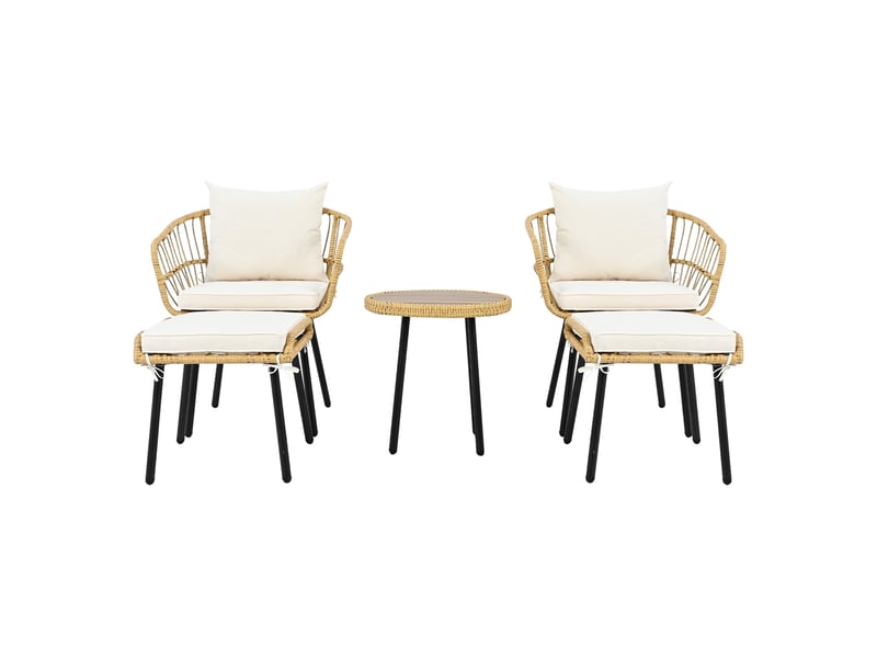  Ensemble salon de jardin en rotin 5 pièces naturel, 1 table, 2 chaises et 2 tabourets  - Conforama A