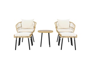Ensemble salon de jardin en rotin 5 pièces naturel, 1 table, 2 chaises et 2 tabourets