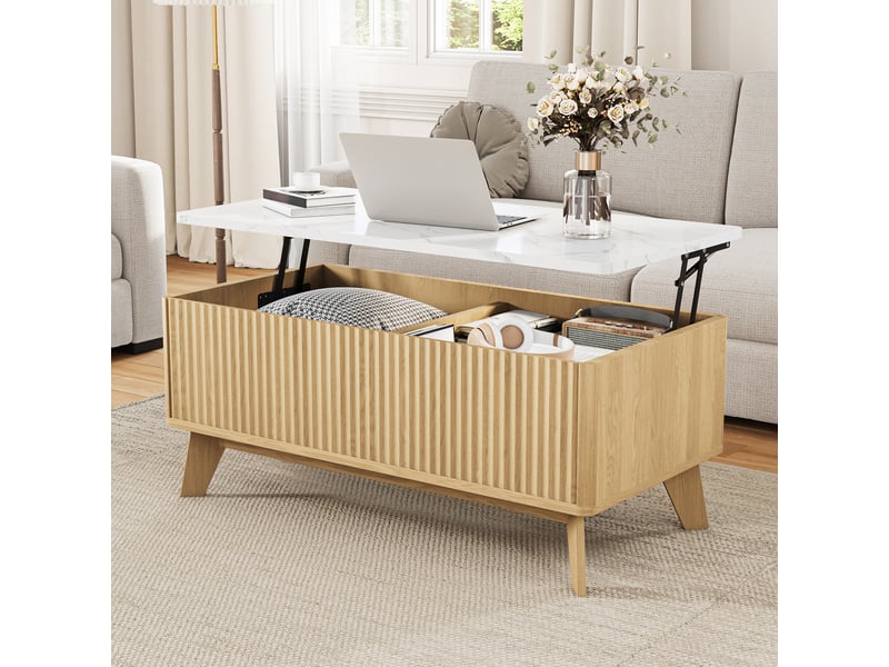  Table basse relevable avec rangement effet marbre blanc et bois clair  - Conforama B
