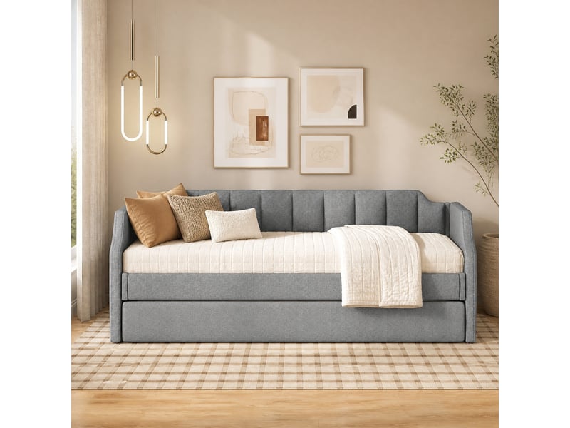  Lit banquette simple 90×200 cm avec lit gigogne 90×190 cm  - roulettes, sans matelas, tissu gris  - Conforama B