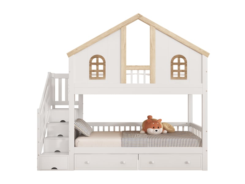  Lit superposé enfant 90x200 cm, escalier rangement, tiroirs, garde-corps, pin et mdf, blanc et naturel, sans matelas  - Conforama A