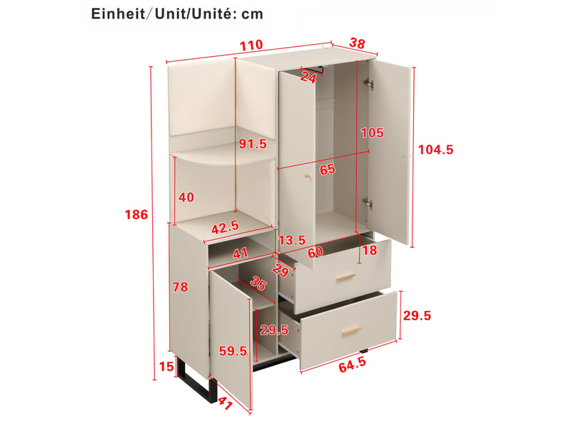 Vestiaire d'entrée 110x38x186 cm, garde-robe d'ensemble, tiroirs, portes, étagères, meuble entrée, mdf, beige et gris - Conforama C