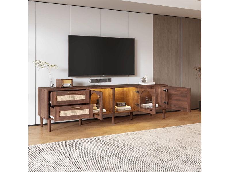  Meuble tv modenvie 180 x 40 x 50 cm marron avec led, 2 tiroirs en rotin et 3 portes  - Conforama D