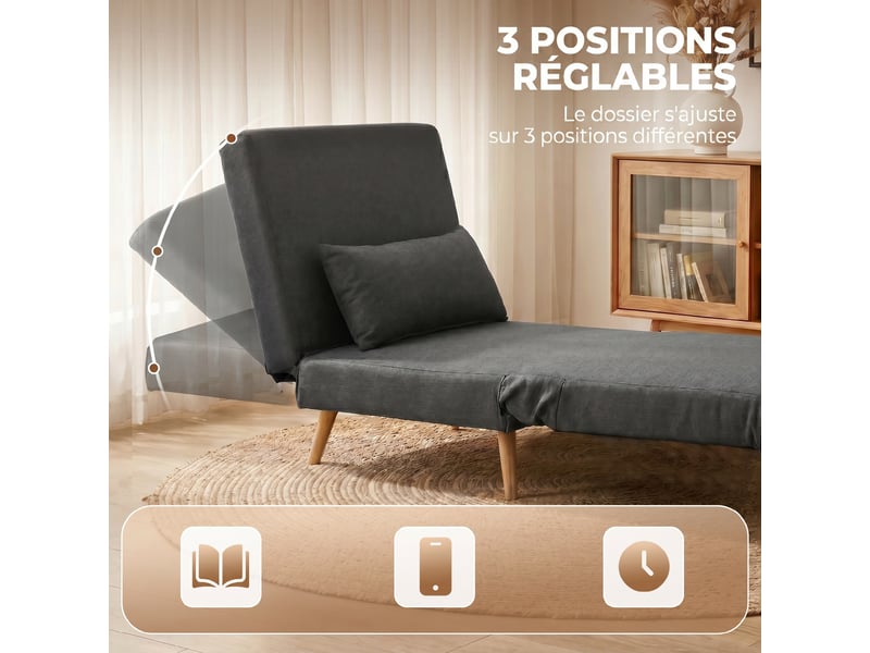  Canapé-lit 1 place avec dossier réglable, coussin inclus et pieds charge pliables 120 kg gris  - Conforama E