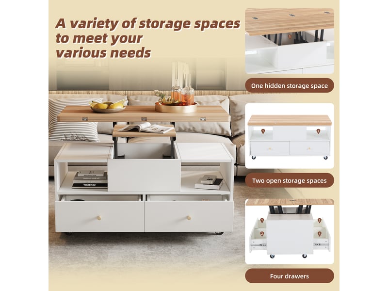  Table basse relevable et extensible 100x50 cm avec 4 tiroirs et roulettes bois et blanc  - Conforama W