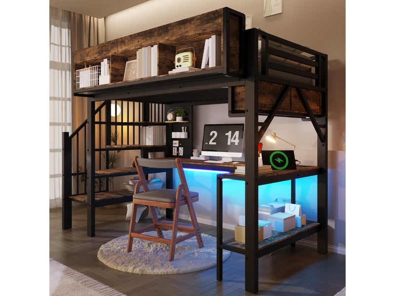 Lit mezzanine 90x200 avec bureau d'angle, rangements, panneau perforé, led et usb evryae - Conforama C