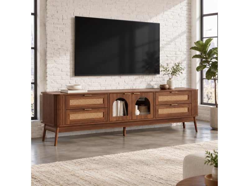  Meuble tv 180 x 40 x 50 cm, 4 tiroirs, verre de sécurité et led par application  - Conforama B