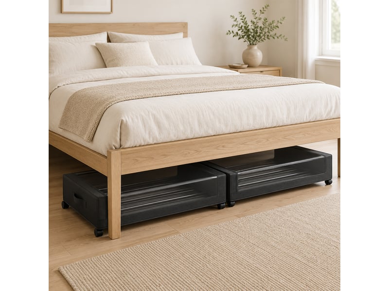  Boîte de rangement sous lit à roulettes, lot de 2, 40l, fermeture éclair, cadre en acier, 78x44x16cm, poignées, noir  - Conforama D