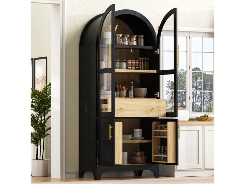  Buffet de cuisine 4 portes 1 tiroir 76x40x180 cm - meuble de rangement avec étagères réglables et portes vitrées - noir  - Conforama B