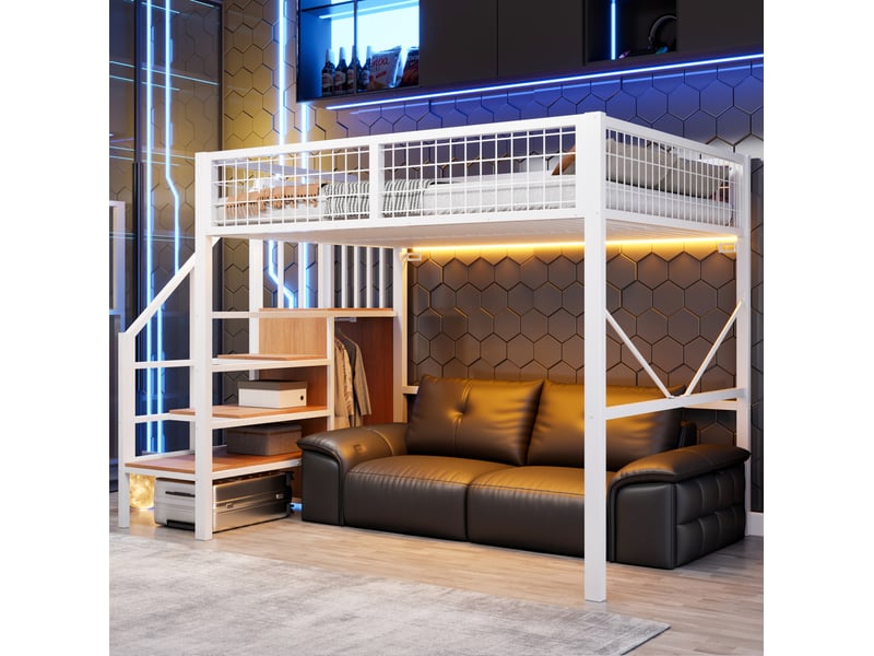  Lit mezzanine 140x200 cm avec échelle de rangement et éclairage led blanc  - Conforama B