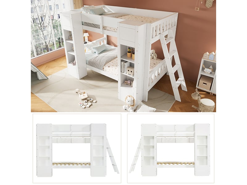 Lit superposé enfant 90x200 cm avec compartiments, lit mezzanine avec barrières de sécurité, bois de pin massif, blanc - Conforama E