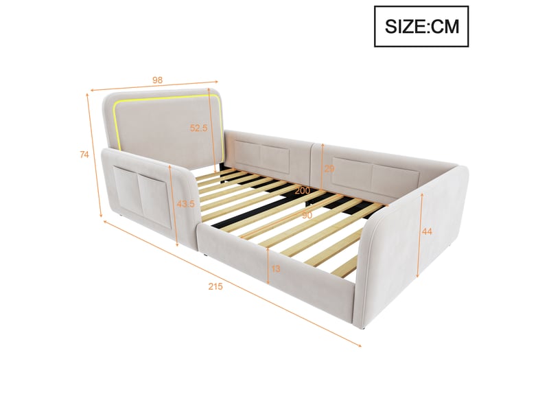  Lit simple rembourré 90x200 cm avec led et poches de rangement, velours beige  - Conforama E