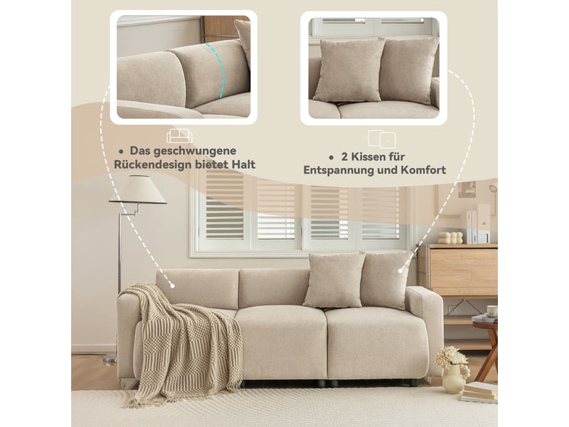  Canapé 3 places 211 cm avec 2 coussins, assise large et accoudoirs arrondis - revêtement chenille - beige  - Conforama E