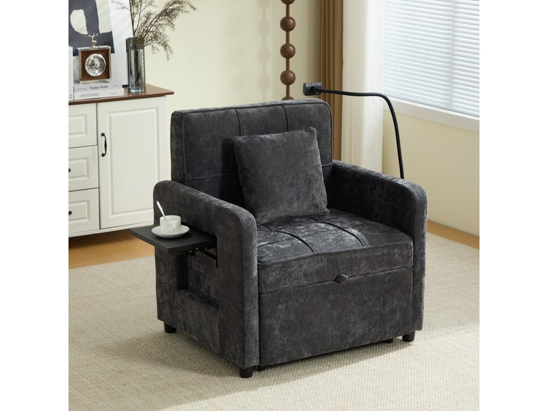 Fauteuil-lit convertible 2-en-1 en chenille gris foncé, dossier réglable 5 positions, tablette et rangements, 167 cm IKSETERA TRADING LTD - Conforama B