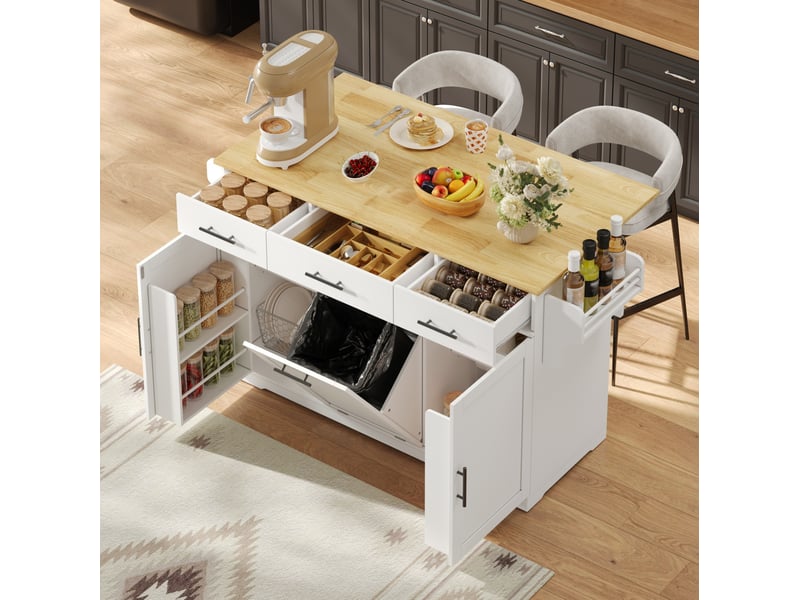 Desserte de cuisine 136x50(75)x92 cm avec plateau rabattable blanc et naturel - Conforama D