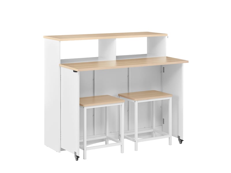  Îlot de cuisine 110x34-68x97,5 cm extensible, plateau rabattable et 2 tabourets inclus, pour cuisine, en mdf, blanc  - Conforama E