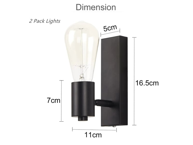  Lot de 2 appliques murales industrielles noires e27, spots muraux orientables et rotatifs pour chambre, salon et cuisine, noir, avec ampoule  - Conforama D