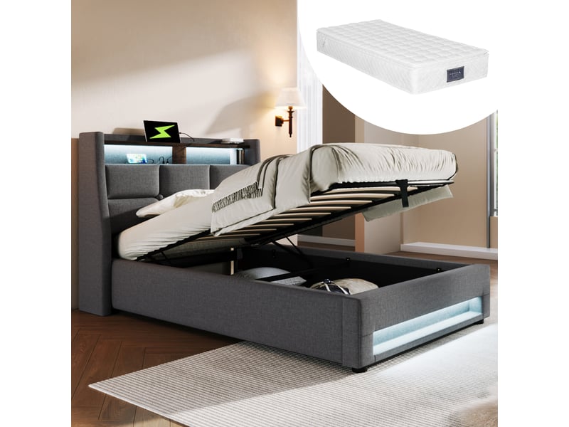  Lit enfant 90x200 cm avec usb et led, lit simple avec matelas, gris, cadre de lit adulte avec tête de lit en lin  - Conforama A