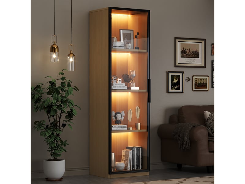  Vitrine étroite avec porte en verre trempé et led multicolore - fermeture douce, mdf chêne, 40×40×165 cm  - Conforama C
