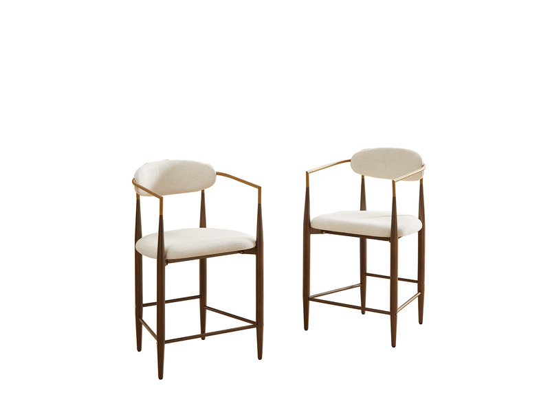  Lot de 2 tabourets de bar avec accoudoirs, style campagne française, tissu beige et cadre métal marron  - Conforama A