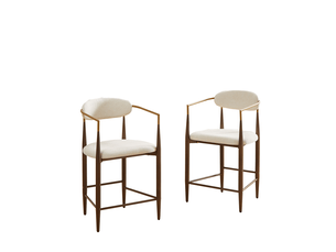Lot de 2 tabourets de bar avec accoudoirs, style campagne française, tissu beige et cadre métal marron