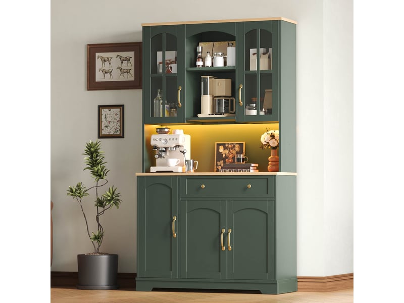 Buffet de cuisine avec 2 portes vitrées, tiroir, étagères réglables et led pour salon, en mdf vert gris 100×38×178 cm - Conforama C