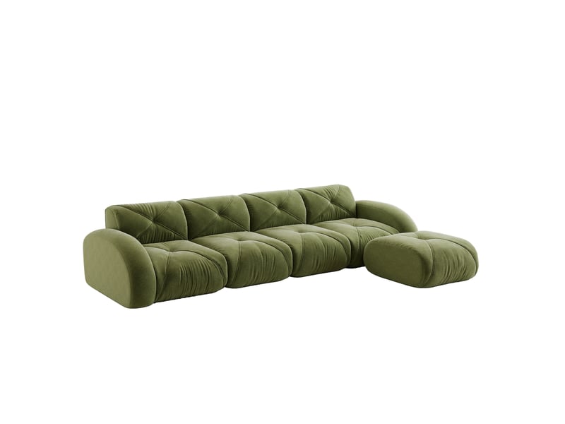 Canapé d'angle modulable fixe 4 places en tissu vert avec pouf, confort souple pour votre salon au quotidien - Conforama A